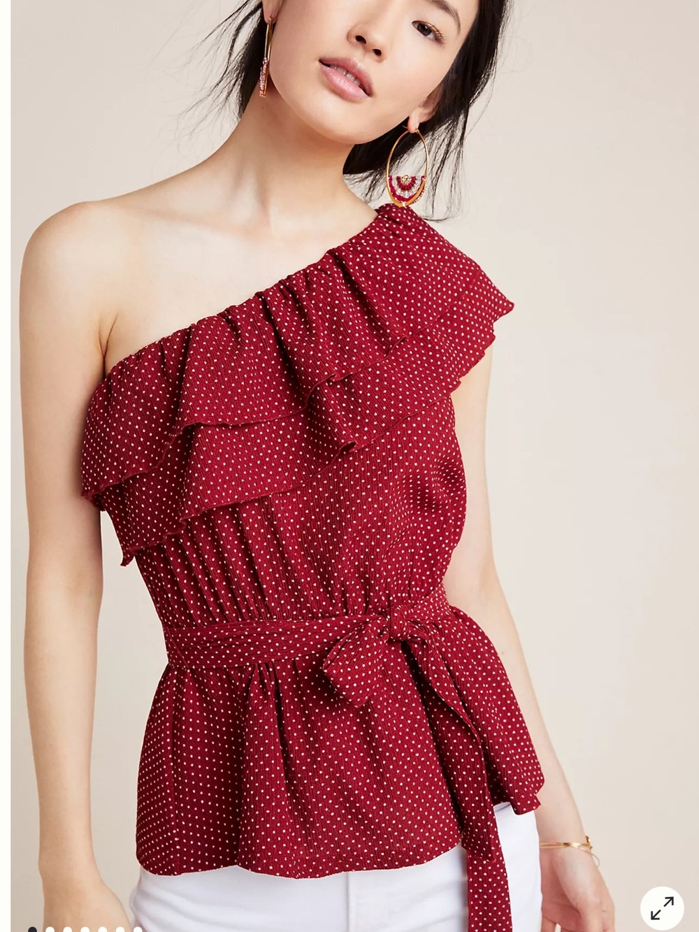 Anthropologie Burgundy Polka Dot One-Shoulder Ruffle Camisole
